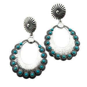 Western Style Silver Tone Chandelier Pierced Earrings Blue Faux Turquoise 2.5"
